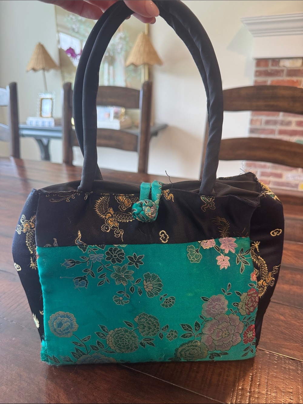 Vintage Y2K Asian Silk Satin Brocade Handbag Dragon Floral Green Black